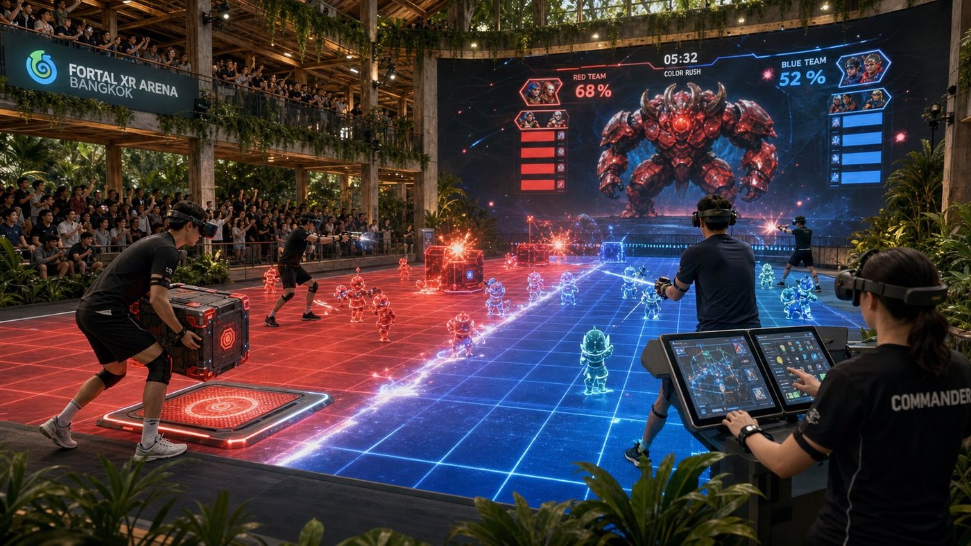 Fortal Battle Ground — 3v3 on the Main Arena floor (concept mockup)