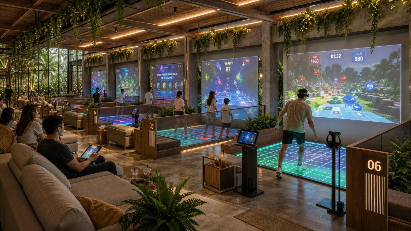 Multiple Lanes — numbered LED lane bays with lounge seating